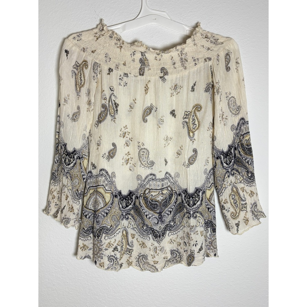 Band of Gypsies Paisley Off Shoulder Smocked Blouse Cream Boho Bell Sleeve Small
